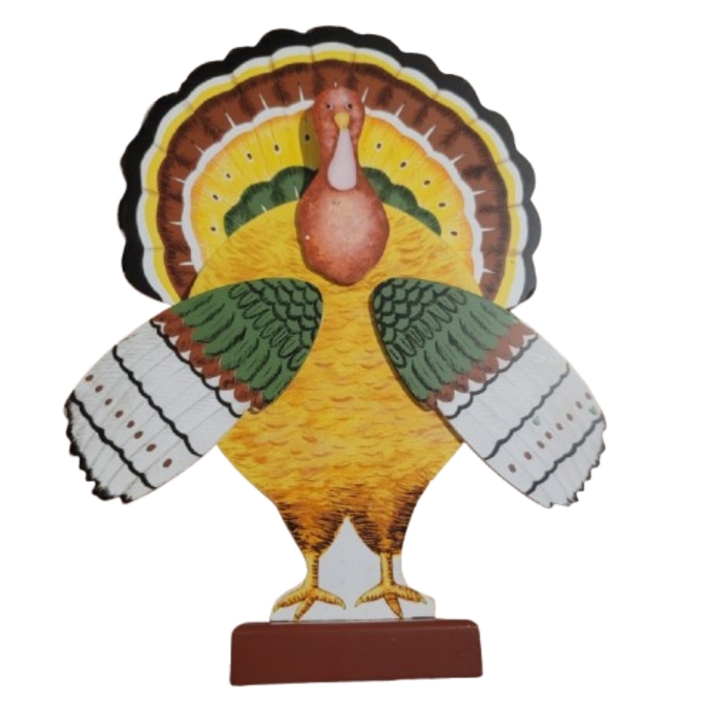 Turkey Decor with Colorful Feathers table centerpiece Handmade wooden Festive